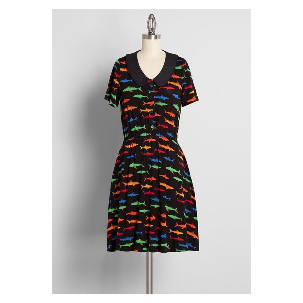 ModCloth Black&Rainbow Multi Sweet Shiver Of Sharks Collared Dress Sz.XS NWT